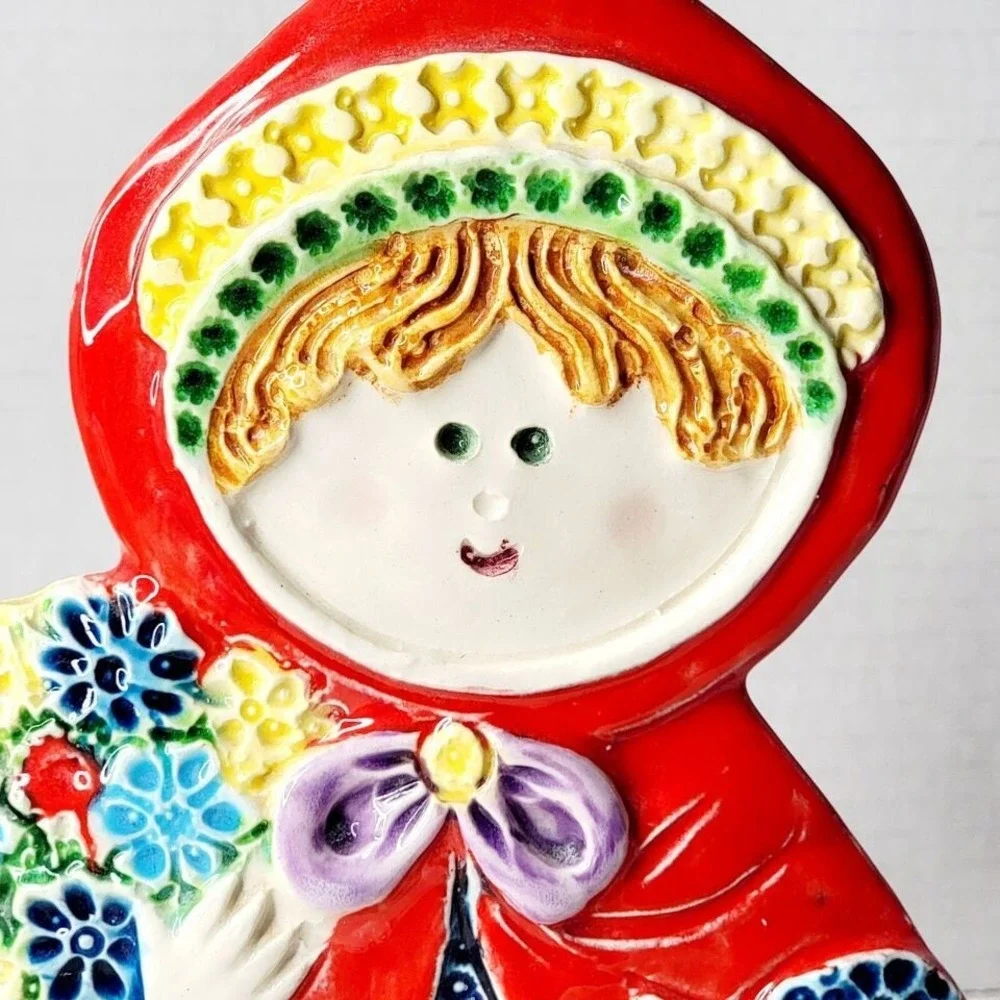 Vintage MD Girl in Red Cape Ceramic Toothbrush Holder Mushrooms Flowers Italy